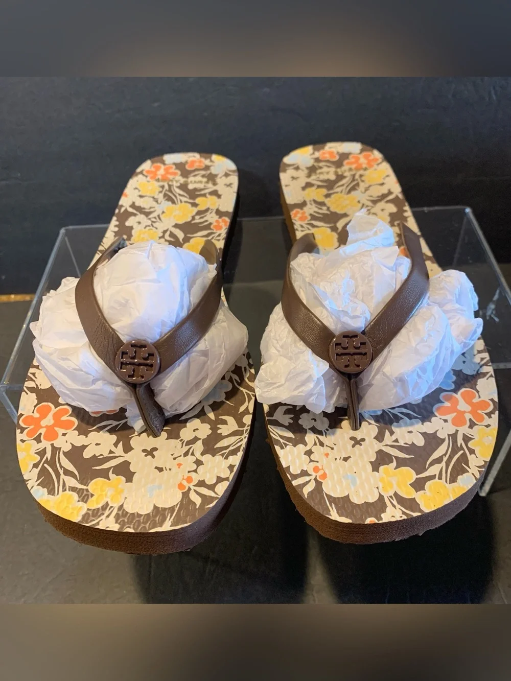 Tory Burch NEW 8 Soho Reverie Brown Floral Logo Thong Sandals Flip Flops